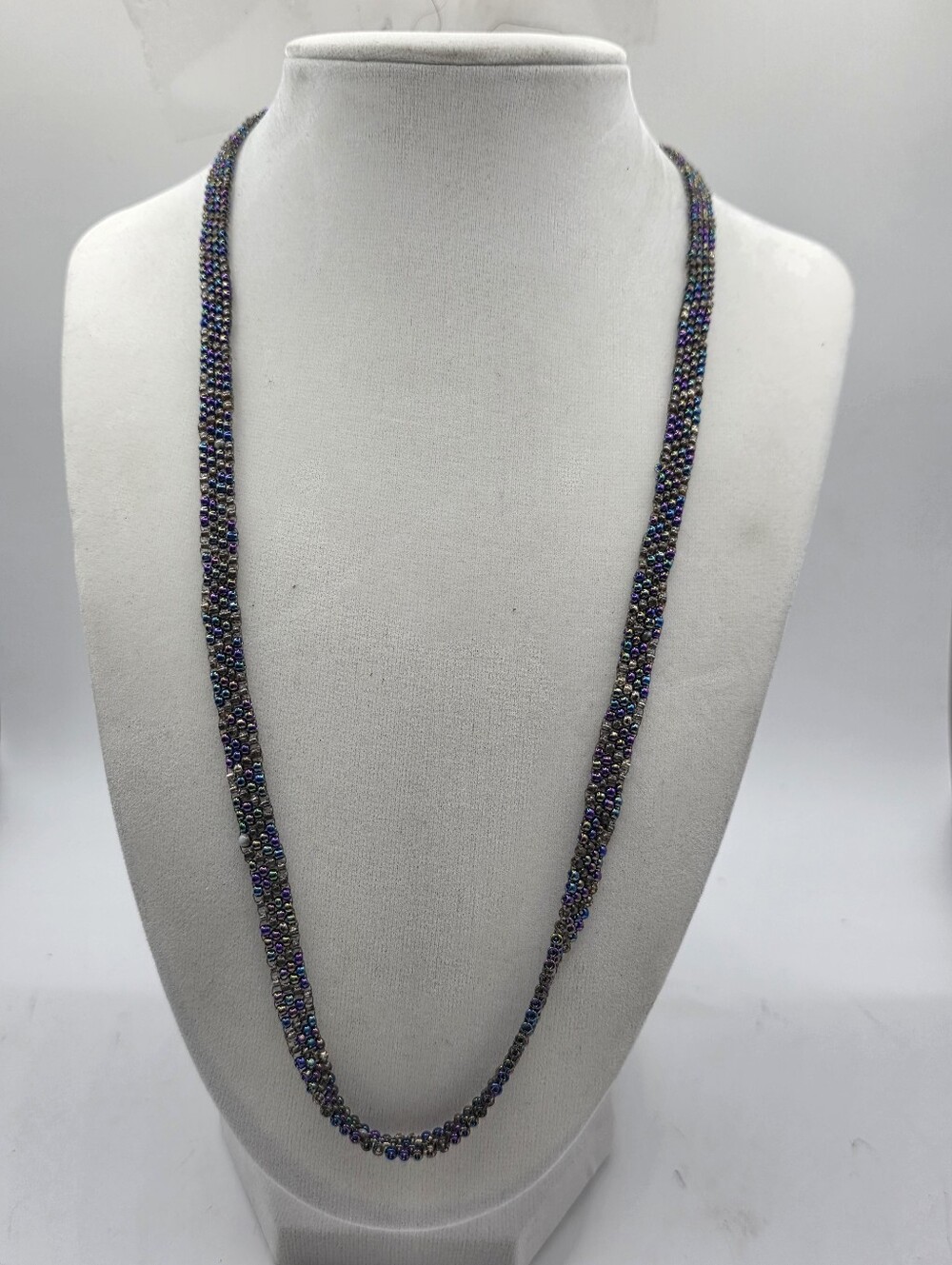 Vintage Iridescent Peacock Seed Woven Strand Necklace Sterling Silver S-Hook